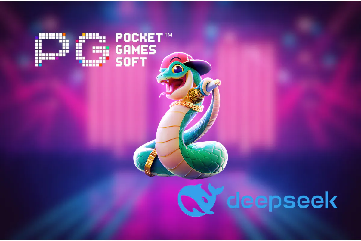 Imagem promocional do Fortune Snake da PG Soft ao lado do logotipo da DeepSeek, destacando a conexão entre inteligência artificial e jogos de slots.